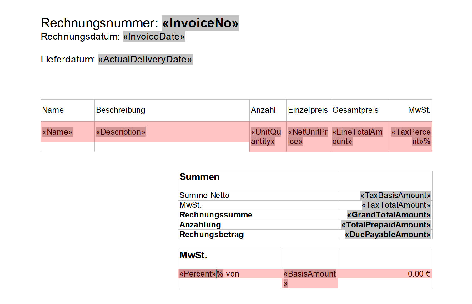 TX Text Control XRechnung Template Blocks