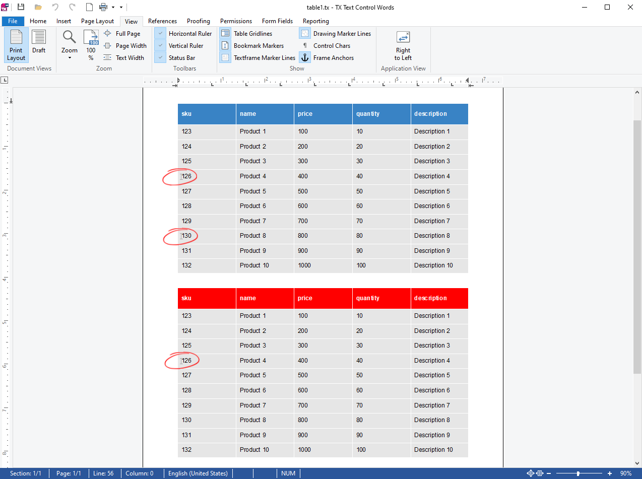 Tables in TX Text Control