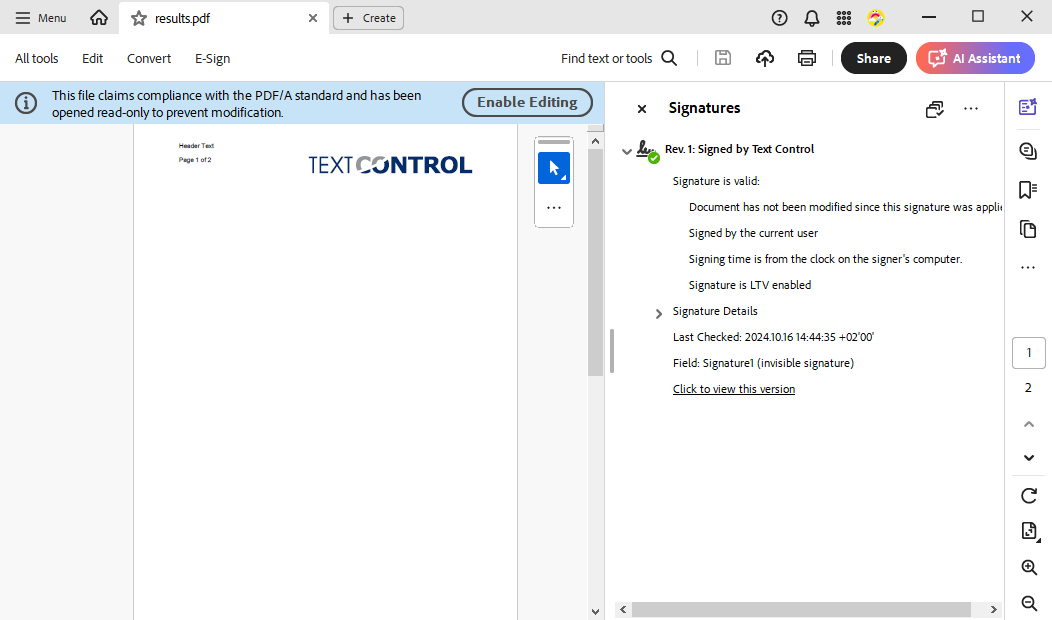 Created document with a header