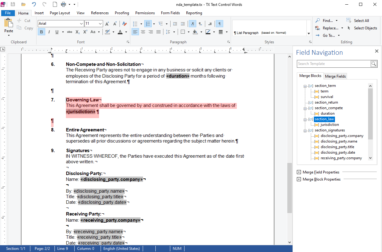 NDA template with dynamic sections